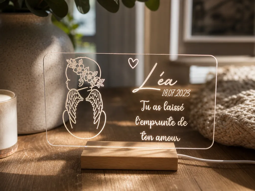 Veilleuse personnalisée avec ange et inscription commémorative pour bébé