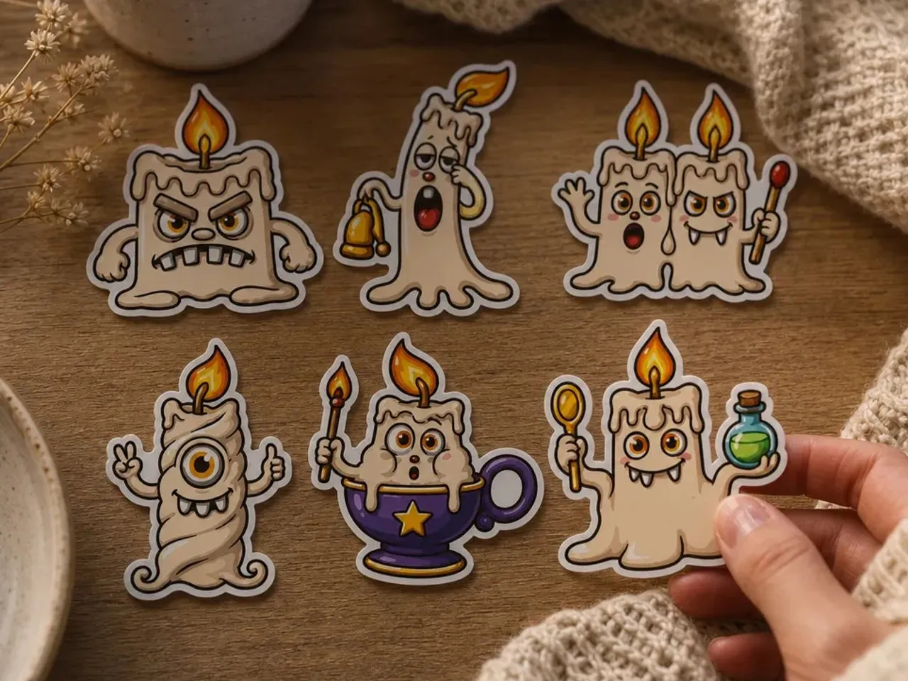 [Laser cut and engrave,UV printing,Heat Press] Cartoon Candle Character Vinyl Stickers Set
