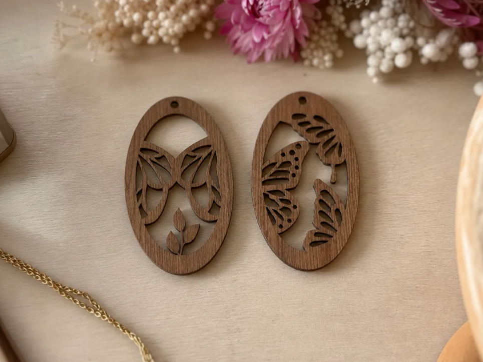 Oval Butterfly Motif Wooden Earring Pendants