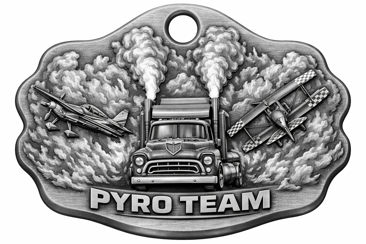 [Laser cut and engrave] Pyro Team Metal Belt Buckle Featuring Semi Truck and Airplanes