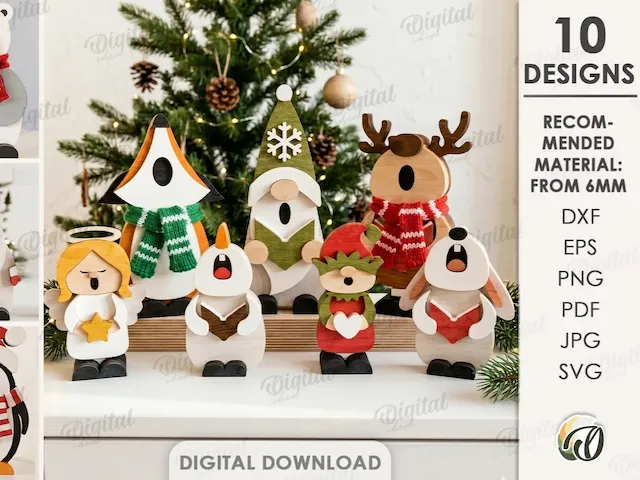 3D Christmas Carolers Bundle. Christmas Singing Characters Laser Cut Files. Wooden Holiday Decor. Shelf Sitter. Gnome. Angel. Elf. Deer SVG