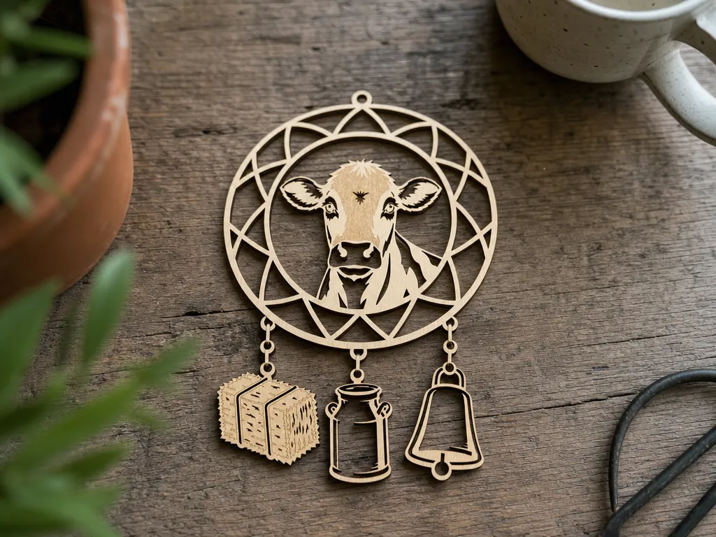 Cow and Farm Motif Dream Catcher Hanging Ornament with Hay Bale, Milk Can, and Cow Bell