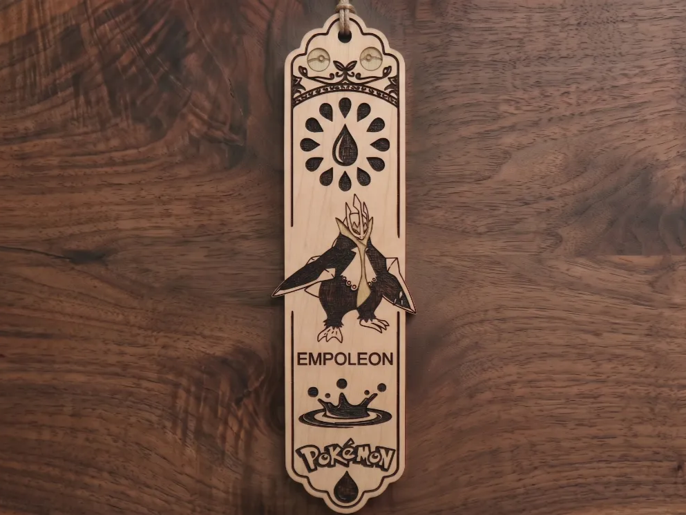 Empoleon Pokemon wooden bookmark with water motif