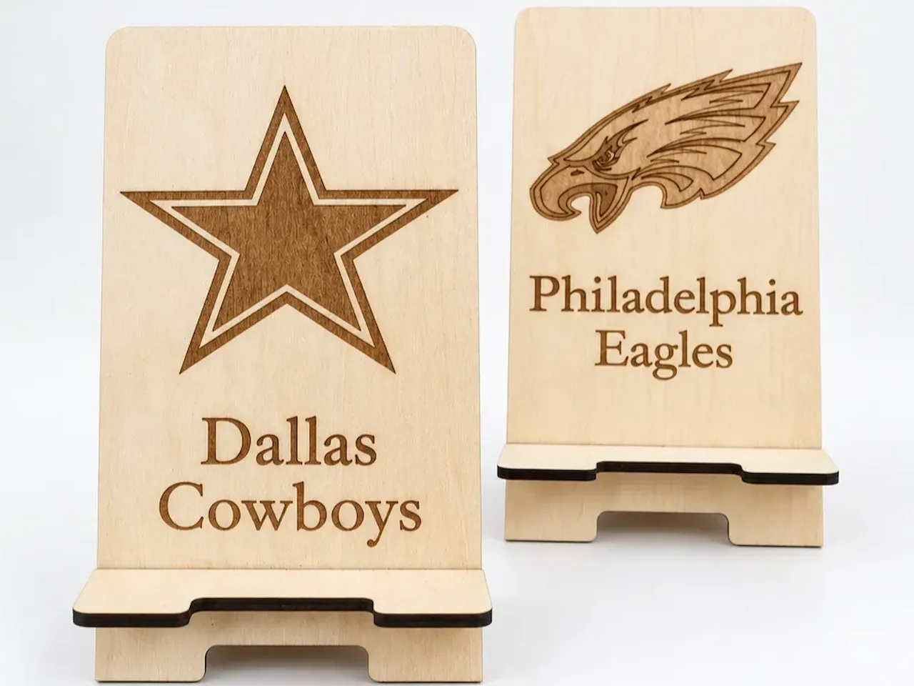 [Laser cut and engrave] Dallas Cowboys and Philadelphia Eagles Wooden Phone Stand Holders