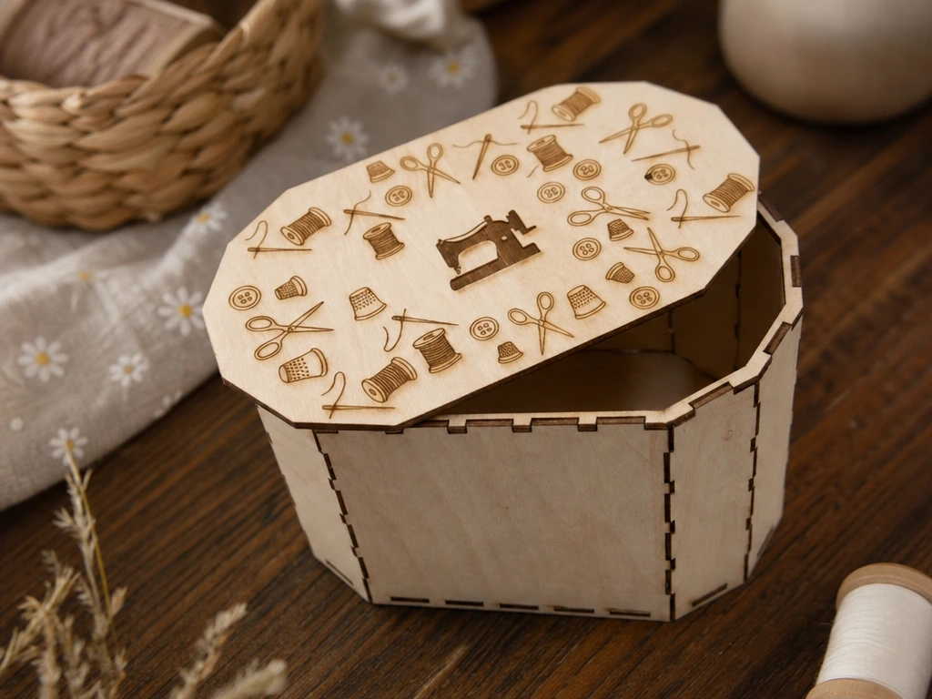 Ovales Nähkästchen mit Nähzubehör-Motiv, Utensilo ,Nähen, Organizer-Box aus Holz
