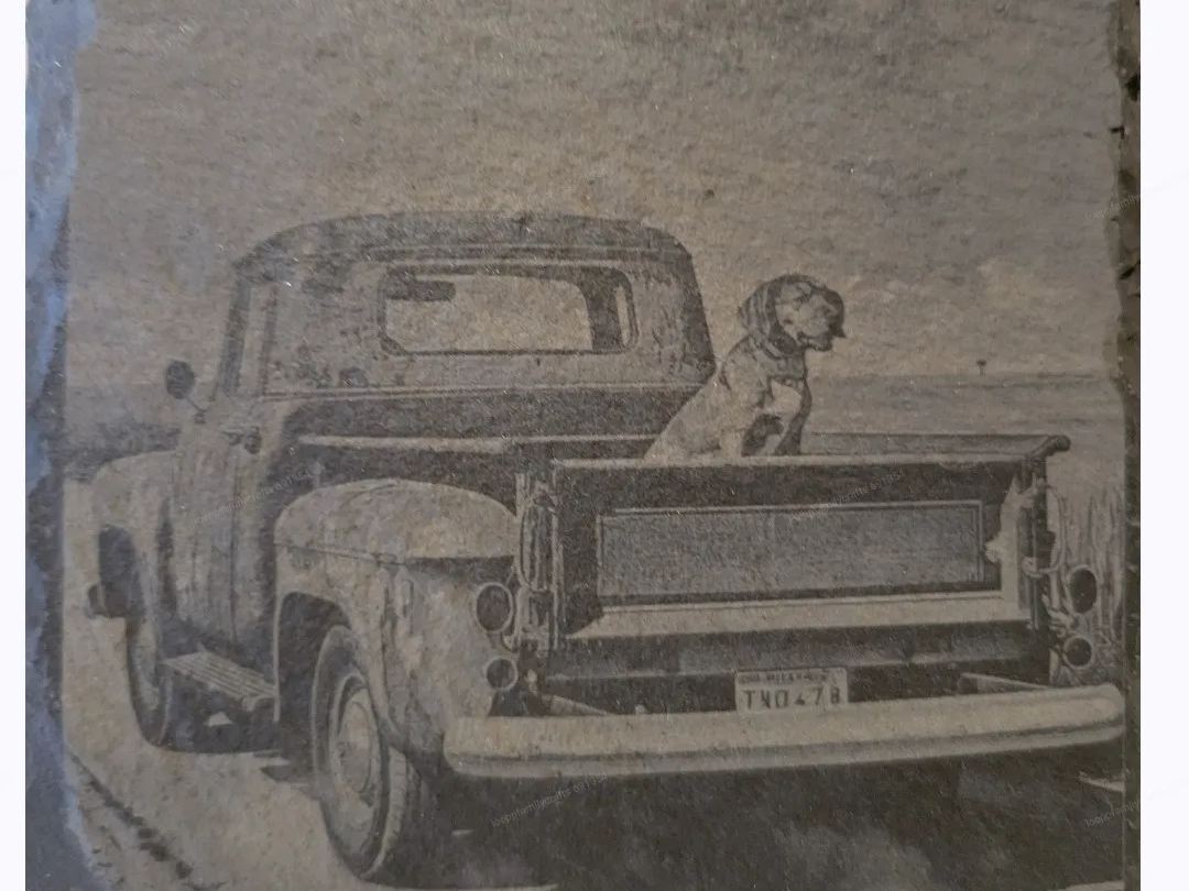 Slate plaque featuring a vintage pickup truck with a dog