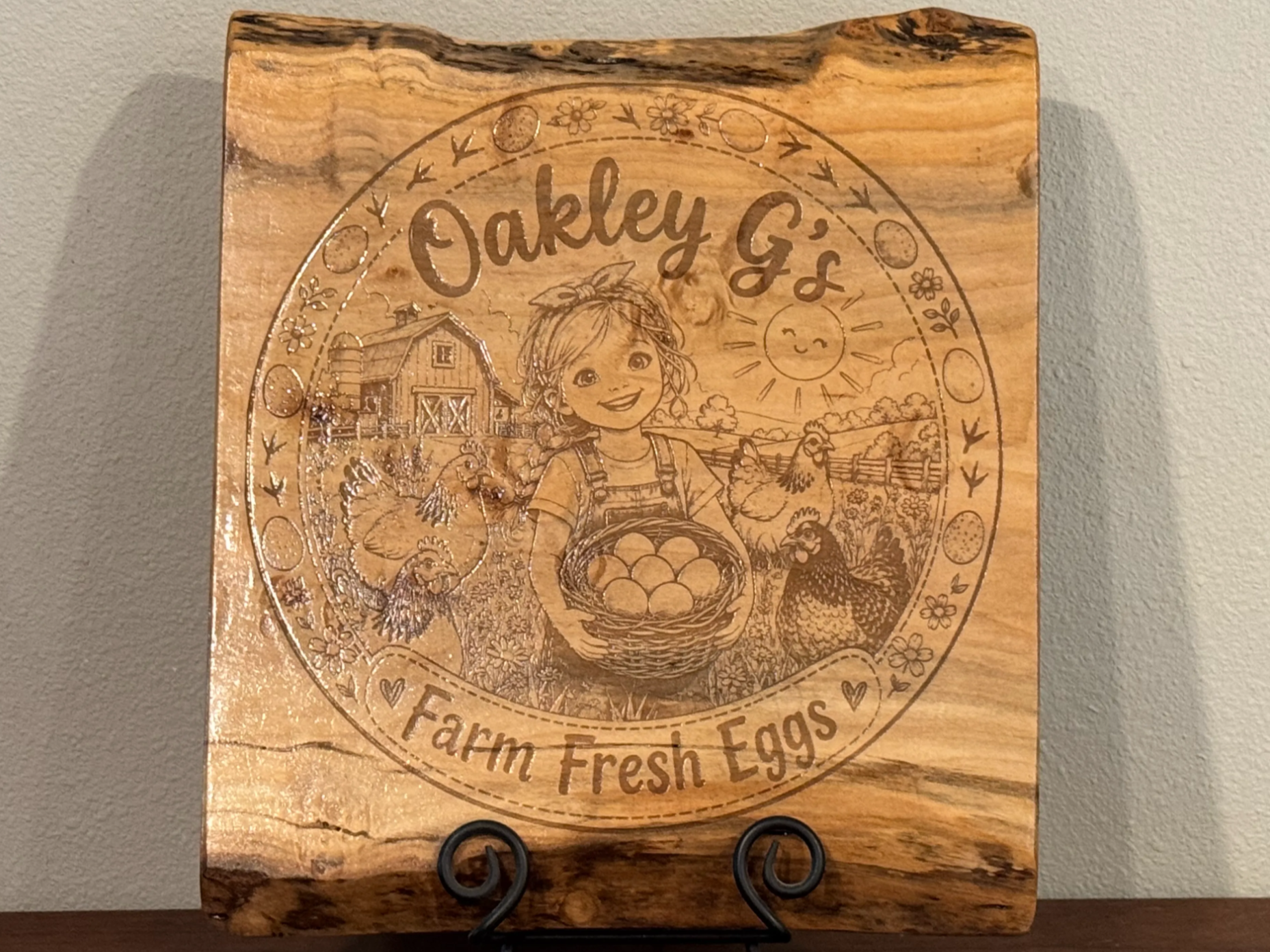 Oakley G's Farm Fresh Eggs Live Edge Wood Sign