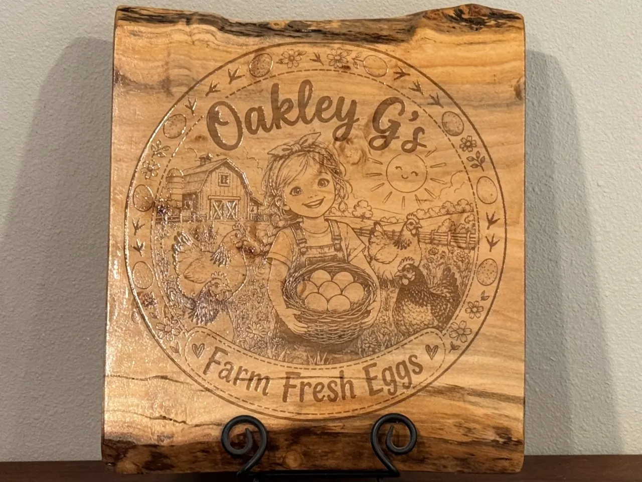 [Laser cut and engrave] Oakley G's Farm Fresh Eggs Live Edge Wood Sign