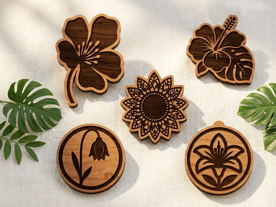 Set of Floral Wooden Coasters with Intricate Botanical Designs