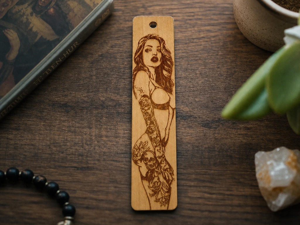 Marque-page en bois avec illustration de femme tatouée