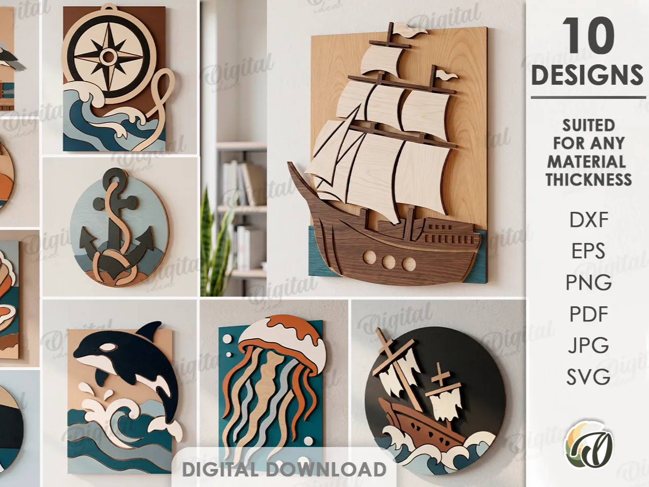 3D Coastal mosaic signs bundle. Summer wall art laser cut files. Sea life svg. Beach. Marine. Wall home decor. Lighthouse. Ship. Wall hanger