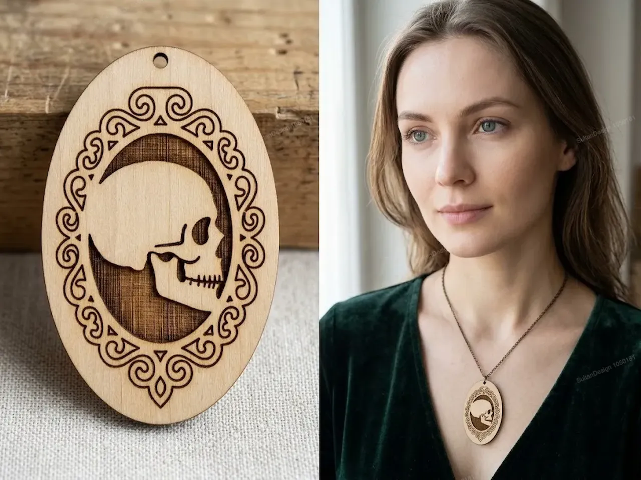 [Laser cut and engrave] Oval Skull Cameo Pendant with Ornate Filigree Border