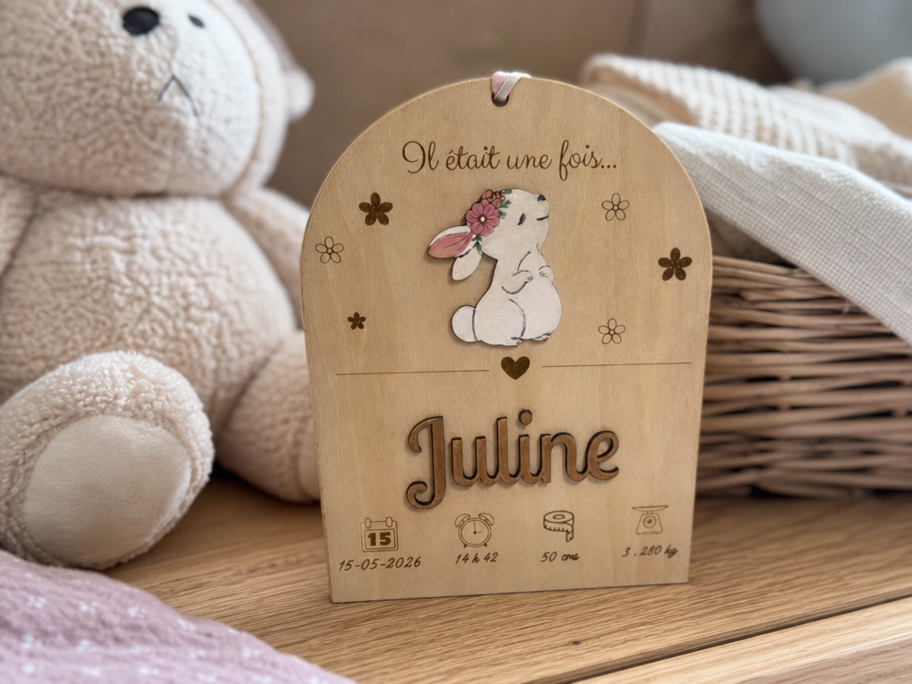 Plaque de naissance personnalisée avec motif lapin pour chambre de bébé