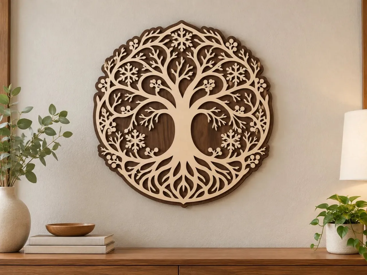 [Laser cut and engrave] Circular Tree of Life Wall Art with Snowflake Accents