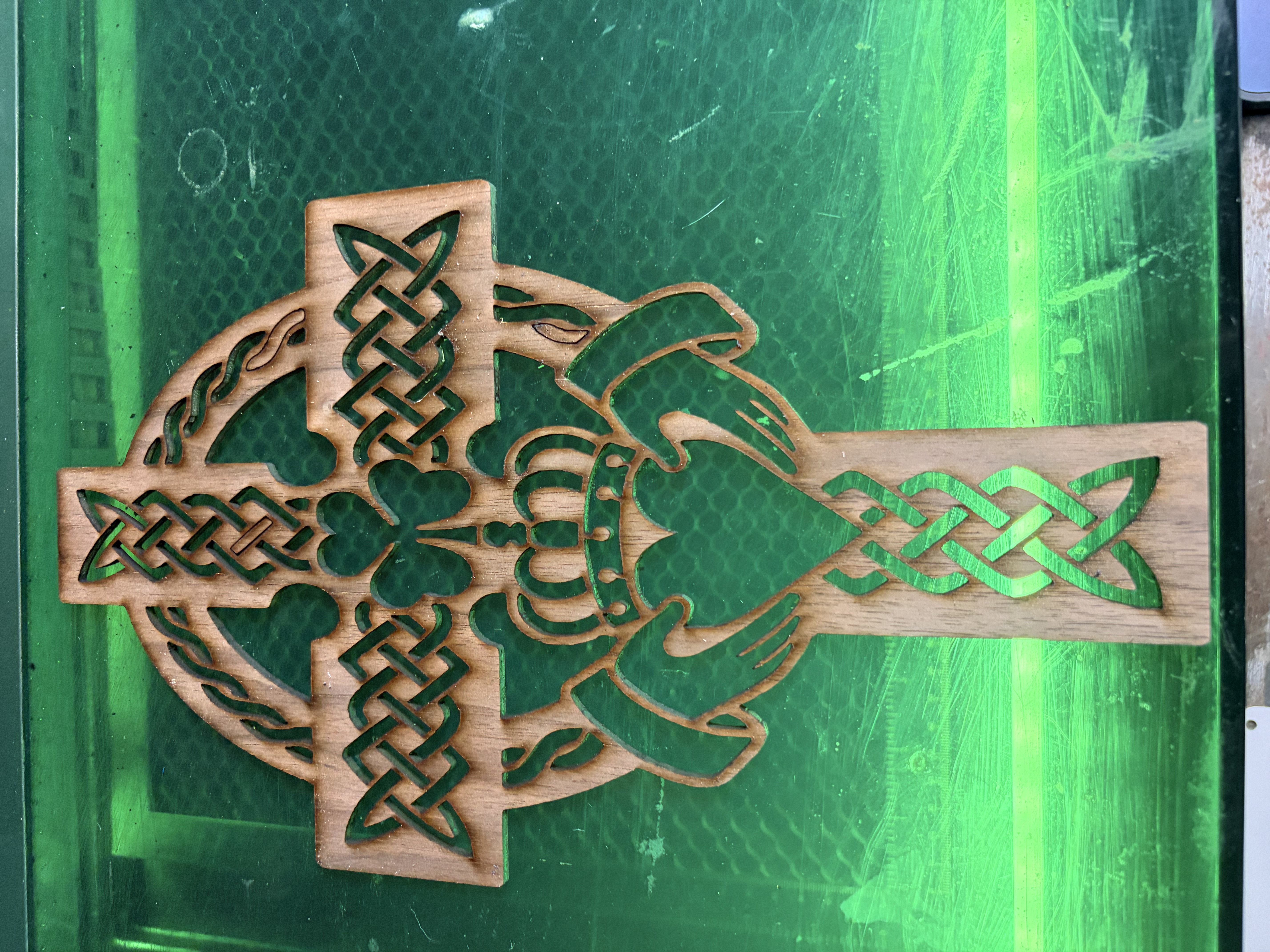 [Laser cut and engrave] Claddagh symbol with shamrock and Celtic cross illustration