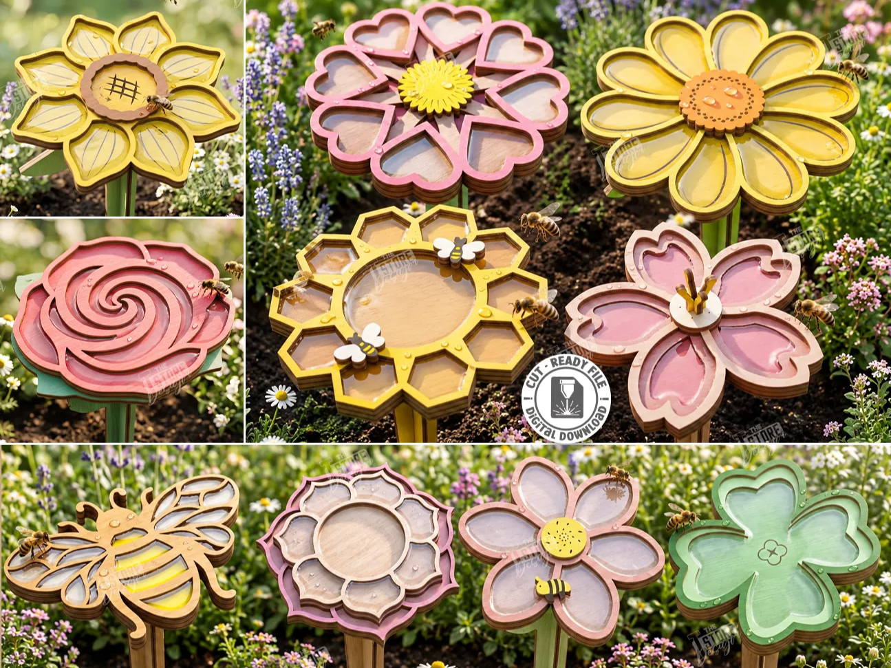 Flower and Bee Garden Stakes for Pollinator Water Stations Laser Cut Bundle. Garden Decor. Flowers and Honeycomb