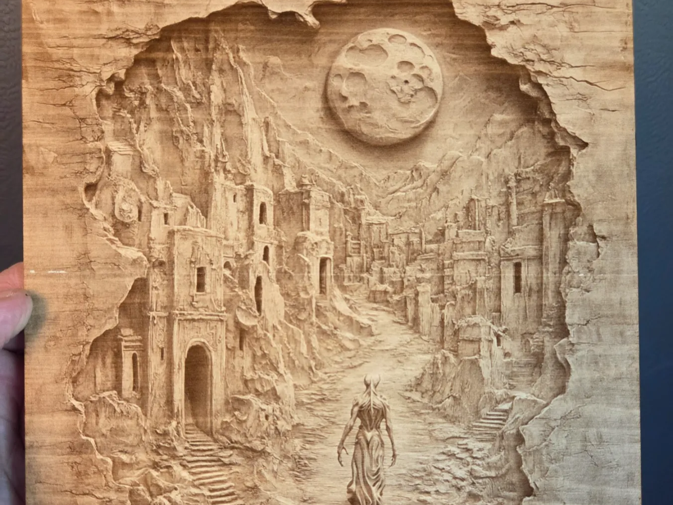 improved Fantasy landscape wall art featuring a mysterious figure in an ancient moonlit city