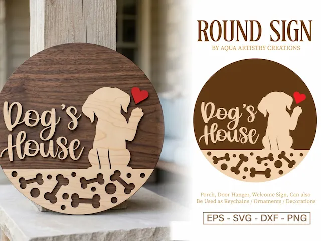 Dog's House Round Wooden Wall Sign with Puppy and Bone Motif