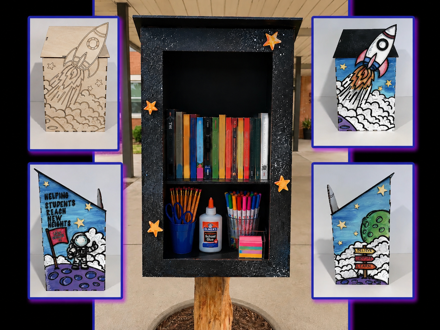 Space Themed Little Free Library with School Supplies