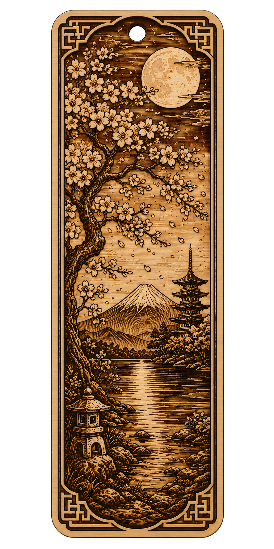 [Laser cut and engrave] Mount Fuji and Cherry Blossom Landscape Bookmark