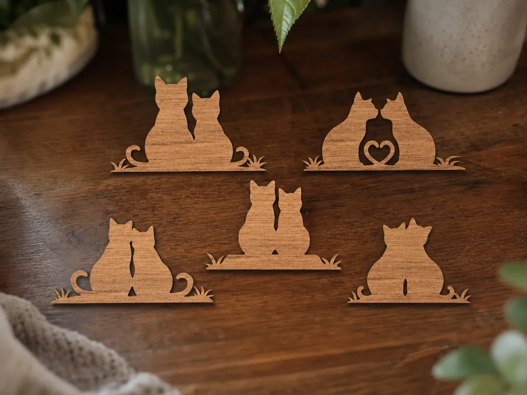 Wooden Cat Couple Silhouettes for Shelf and Tabletop Display
