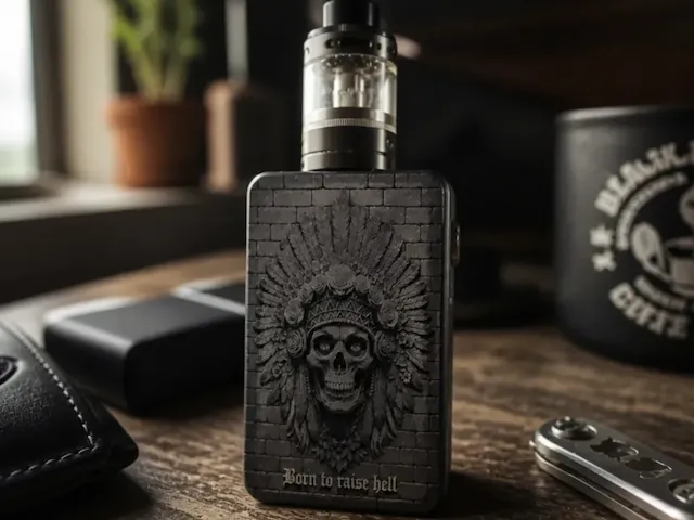 Vape box mod with skull and feather headdress engraving