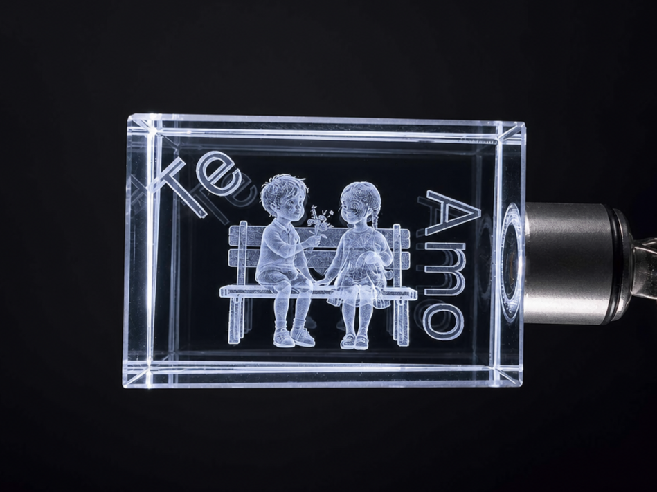 Crystal block with children on a bench and Te Amo inscription