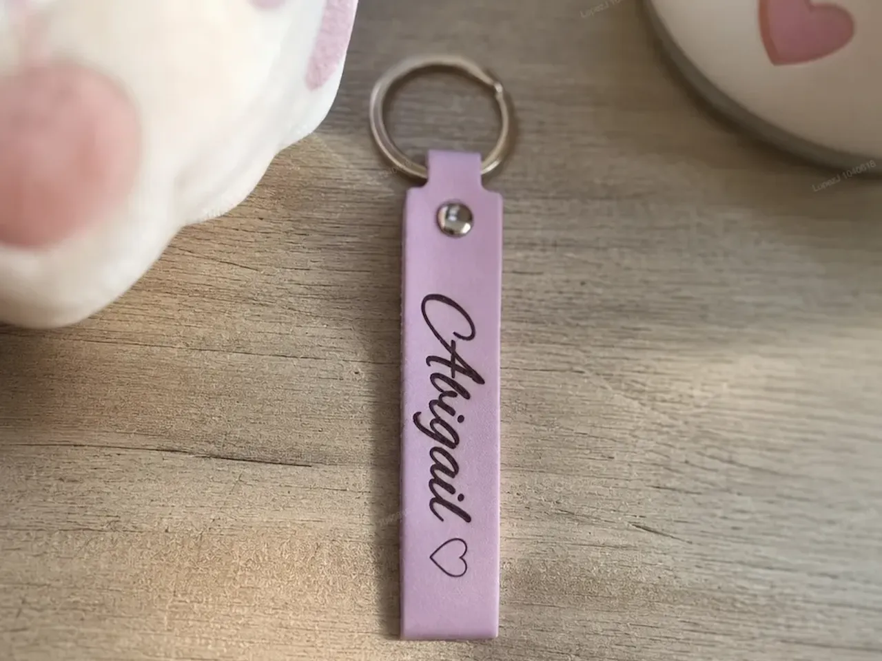 [Laser cut and engrave] Personalized Abigail Lavender Leather Keychain with Heart Detail