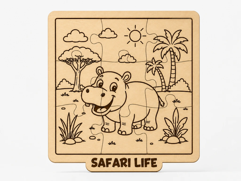 Happy Hippo Wooden Puzzle | Safari Animal Coloring Puzzle | Laser Cut Educational Jigsaw | Fun Learning Toy for Children