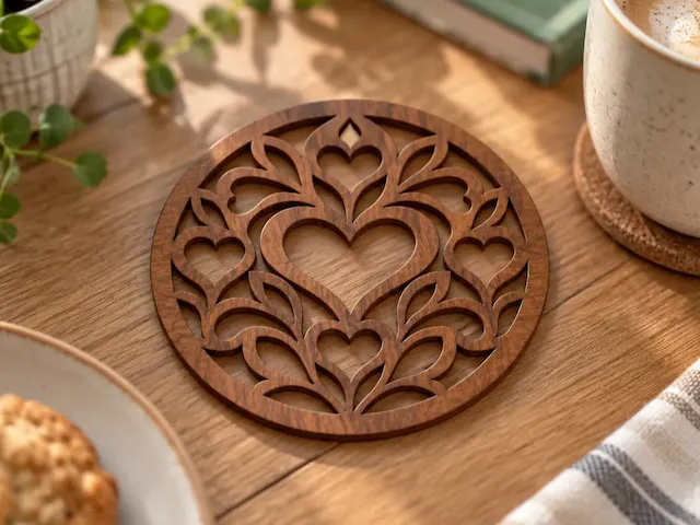 Tatakan gelas kayu bulat dengan motif hati dan pola floral
