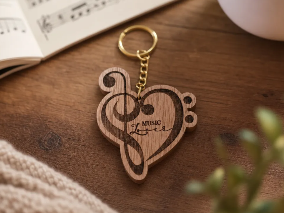 Music Lover Heart Shaped Keychain with Treble Clef Design