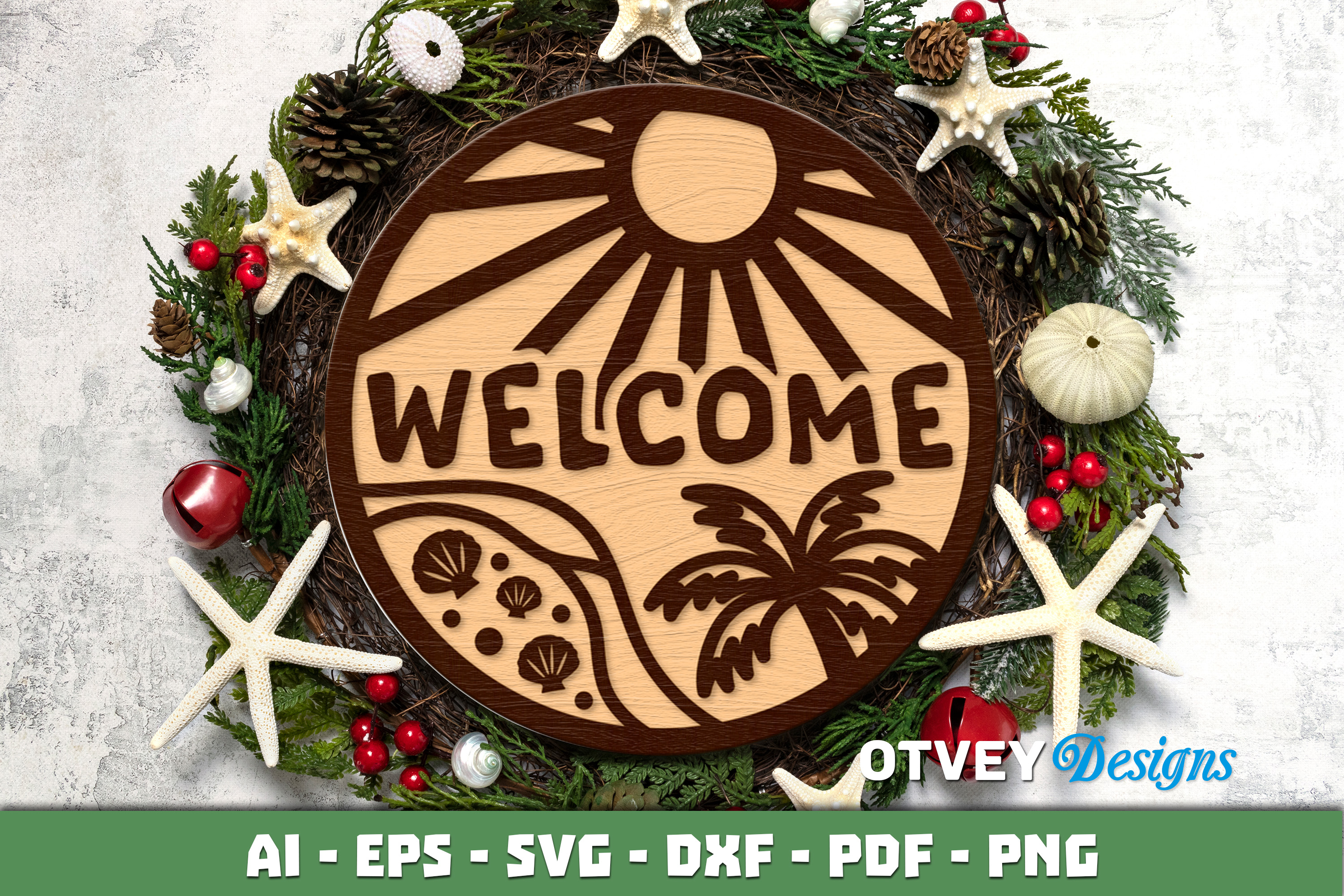 [Laser cut and engrave] Round Tropical Beach Welcome Sign with Palm Tree and Sun Motif