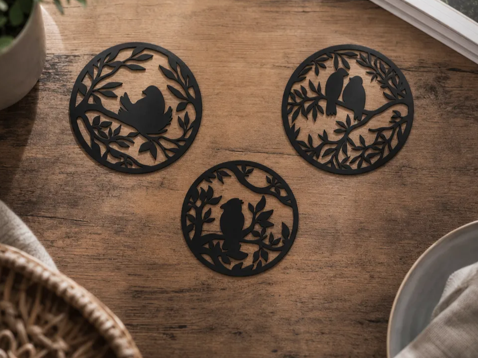 Round Bird and Branch Silhouette Coasters