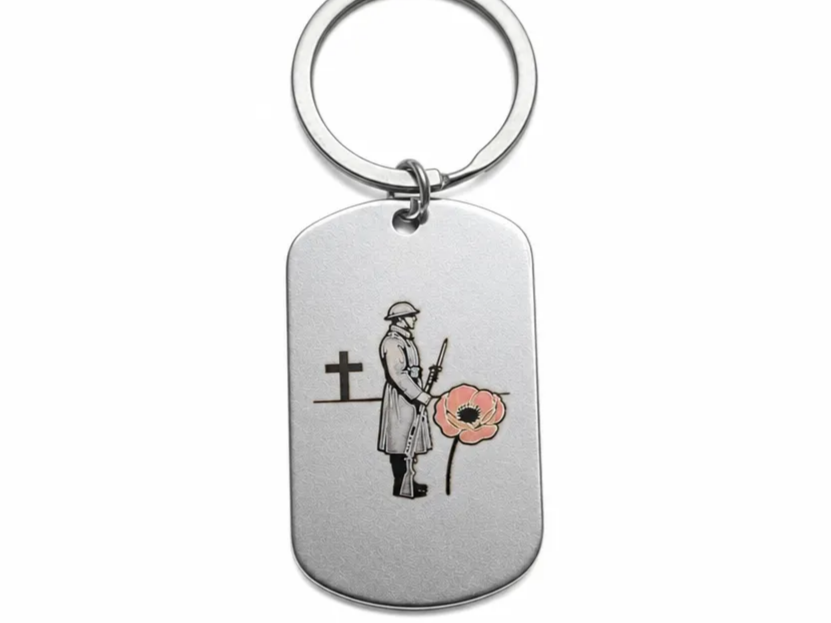 Soldier and Poppy Engraved in Color Military Dog tag Stainless Steel F2