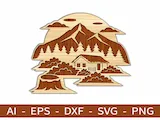 [Laser cut and engrave] Layered Wooden Mountain Cabin Landscape Tabletop Sign