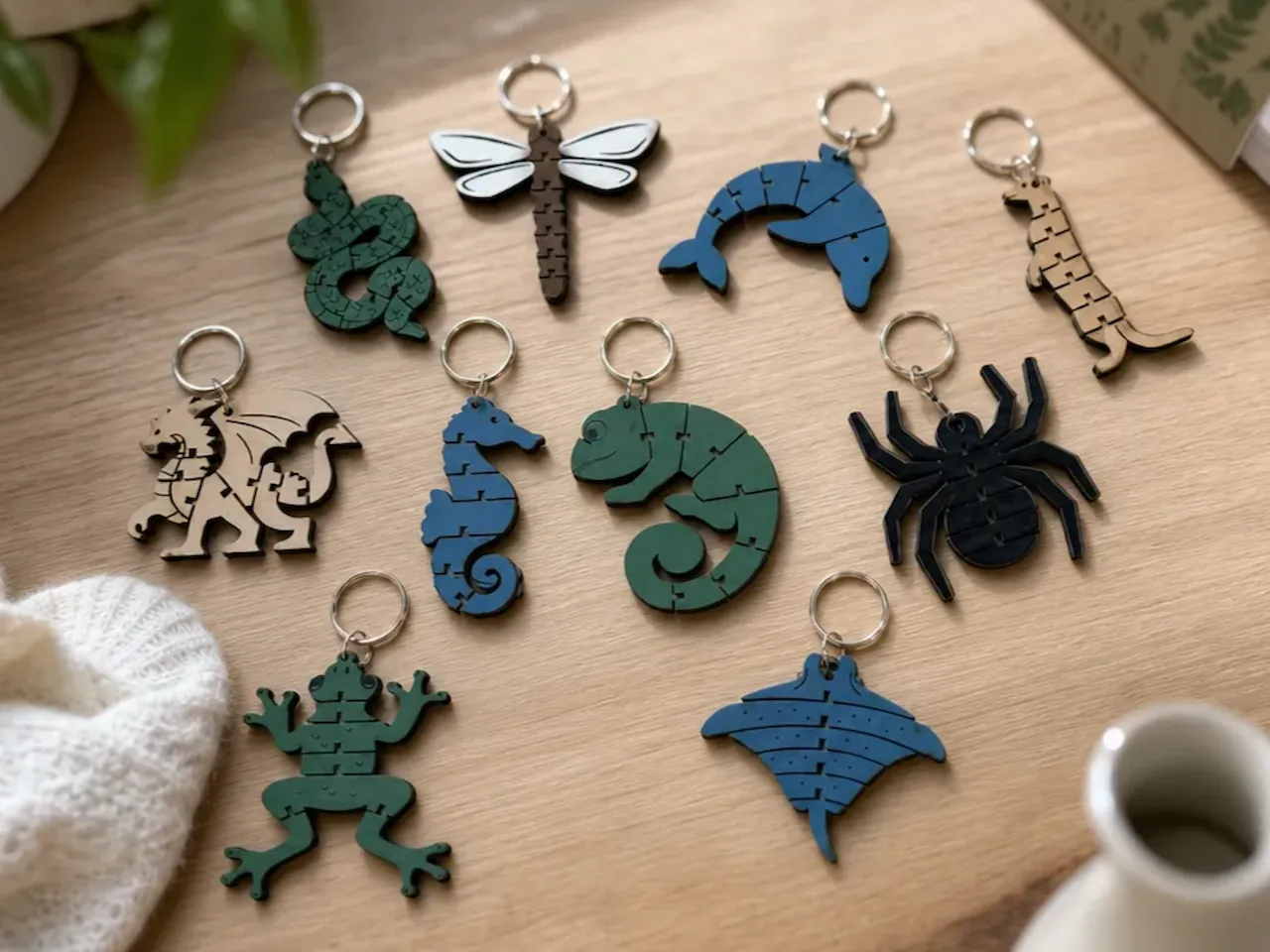[Laser cut and engrave] Articulated Animal Keychain Set Featuring Dragon, Snake, Spider, and Sea Creatures Laser Cyt Bundle