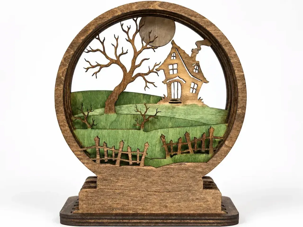 [Laser cut and engrave] Spooky Haunted House Layered Wood Scene with Bare Tree and Full Moon