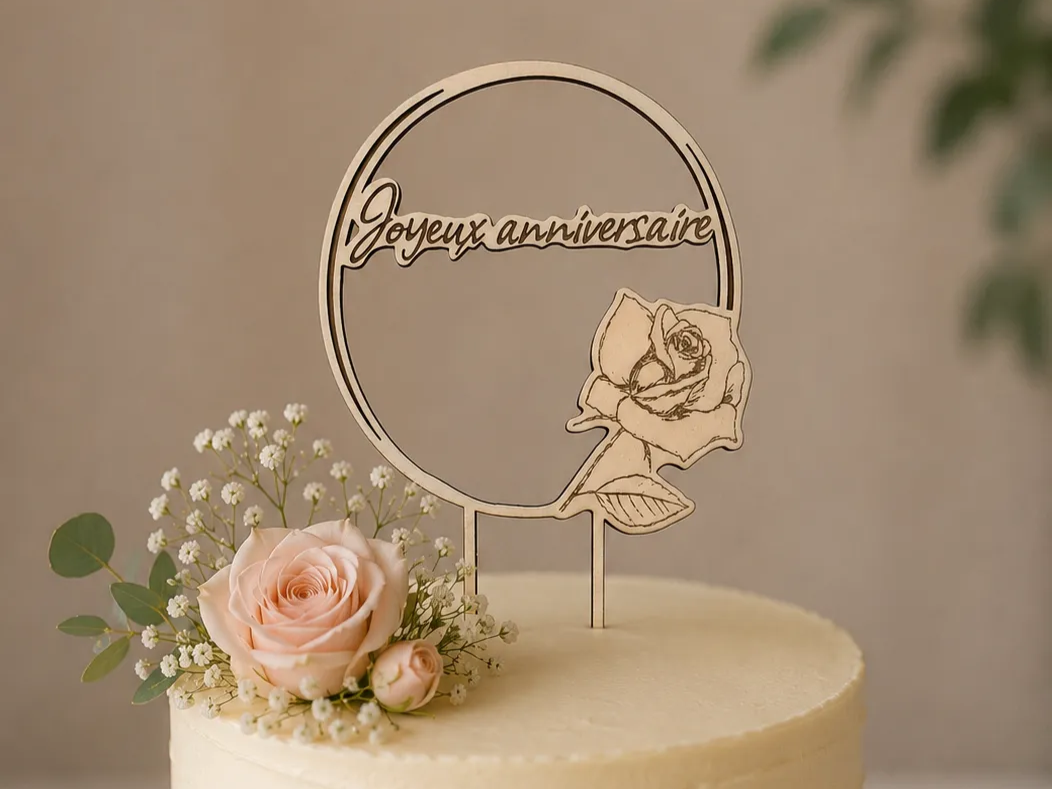 Cake Topper Joyeux Anniversaire avec une Rose