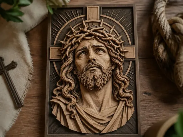 Cuadro de madera con relieve de Jesucristo con corona de espinas
