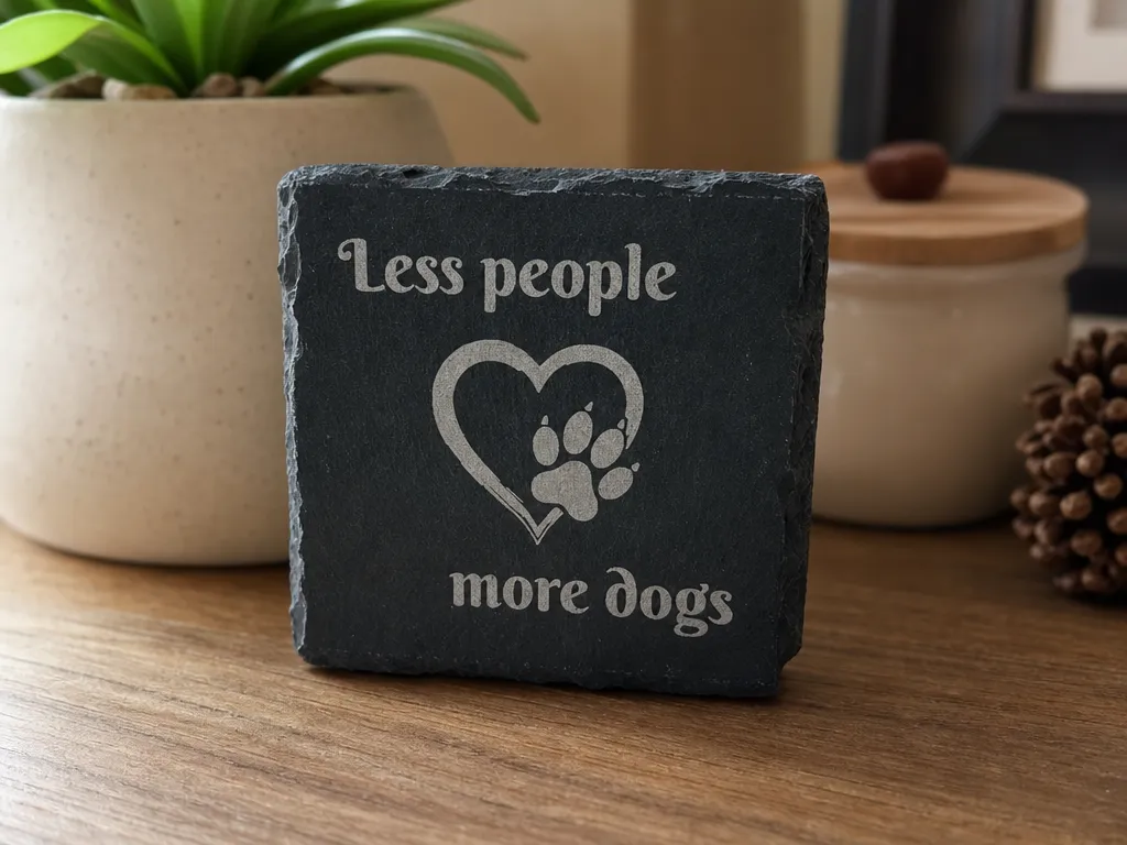 Less People More Dogs Slate Coaster with Heart and Paw Print
