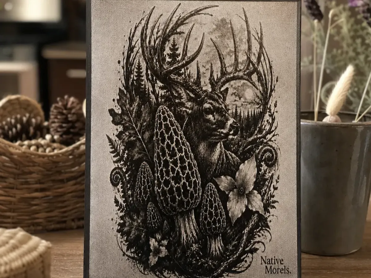 [Laser cut and engrave] Native Morels and Deer Forest Scene Wall Art