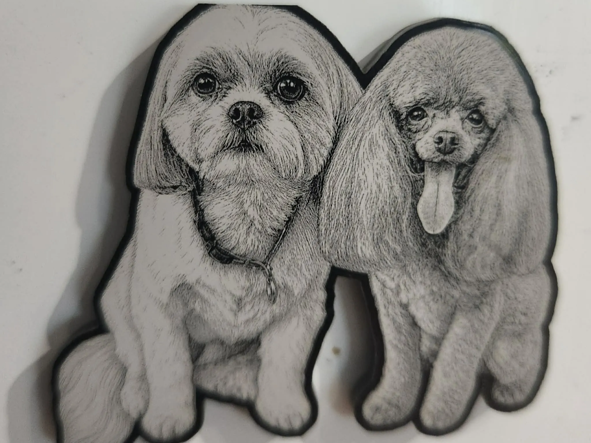 Shitzu and Toy Poodle dog portrait magnet laser engraved pet portrait idea