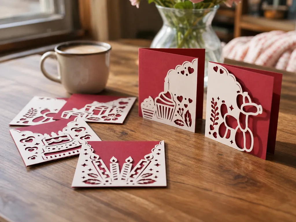 Red and White Die-Cut Birthday Greeting Cards with Festive Motifs