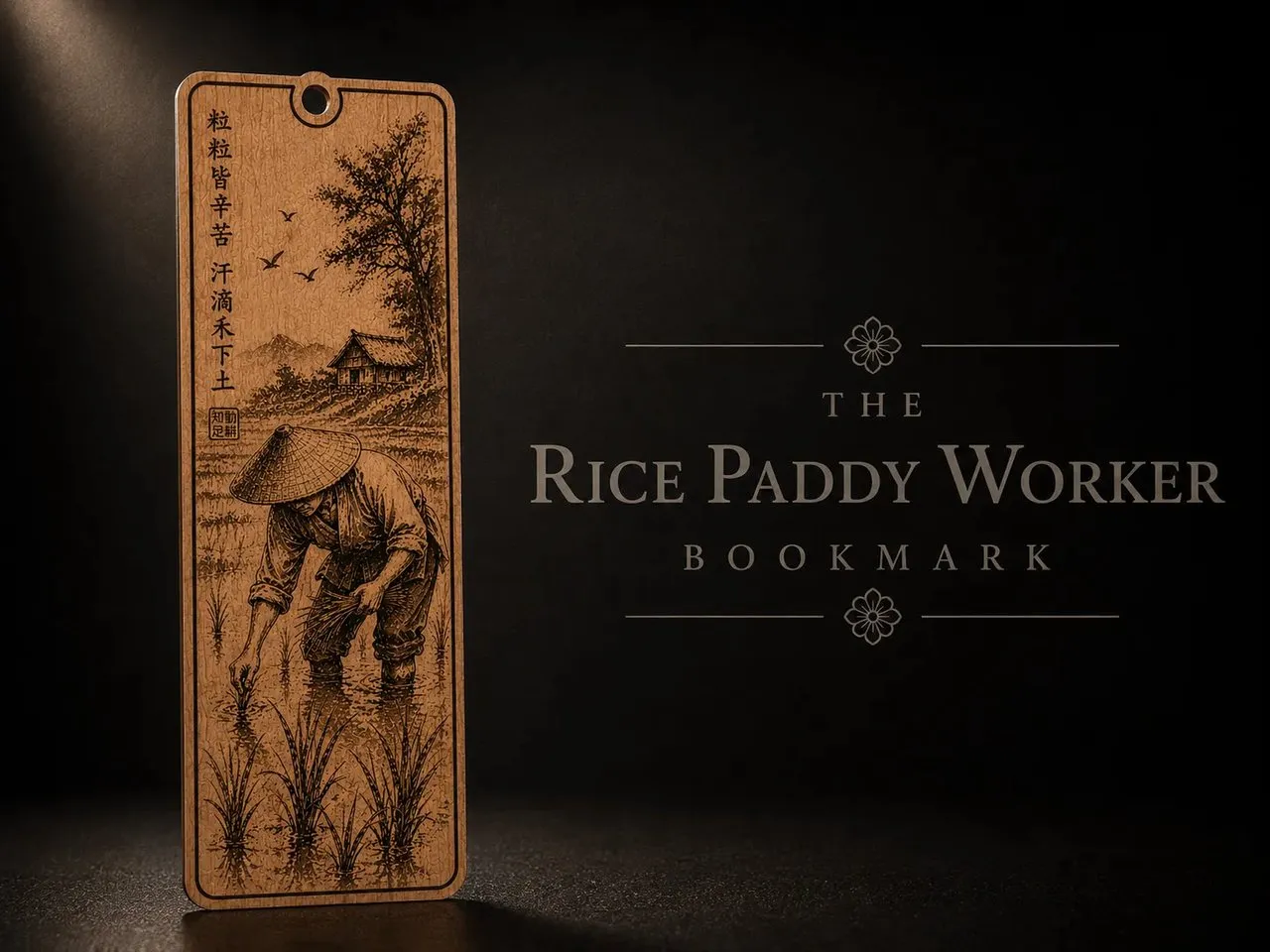 [Laser cut and engrave] Wooden Bookmark Featuring Traditional Rice Paddy Farmer Illustration