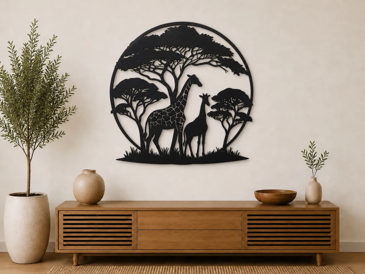 长颈鹿壁画SVG |非洲狩猎动物剪影 |长颈鹿情侣激光切割文件 |野生动物装饰 instruction: step 1 -