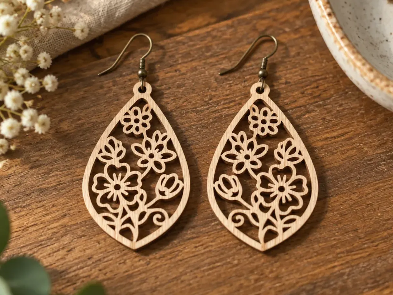 [Laser cut and engrave,Other] Teardrop Floral Cutout Wooden Earrings