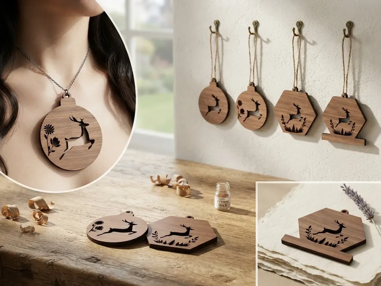 [Laser cut and engrave] Wooden Deer Silhouette Pendant and Hanging Ornament Set