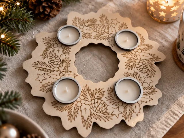 Adventskranz aus Holz mit Tannenzapfen und Sternenmotiv für vier Teelichter