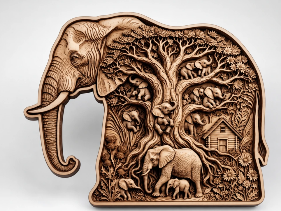 Elephant Shaped Wall Art Featuring a Family of Elephants and a Tree
