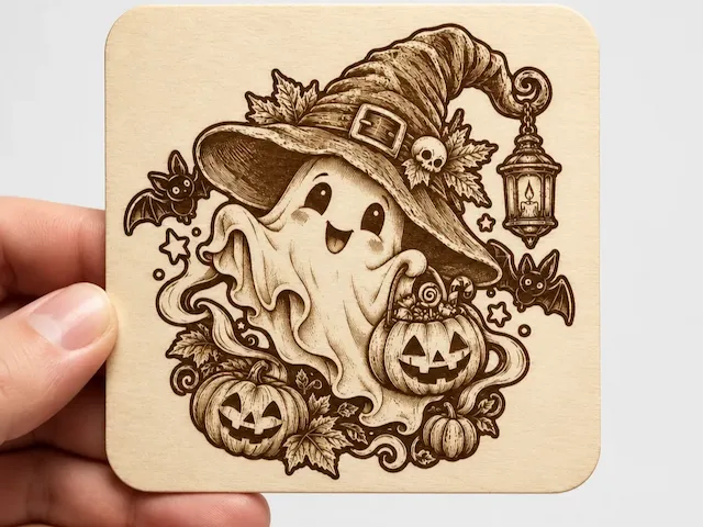 Halloween Ghost with Witch Hat and Pumpkin Coaster